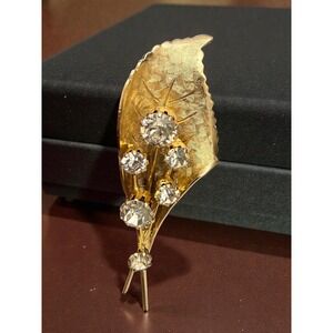 Floral Leaf Brooch Pronged Sparkling Rhinestones Gold Tone Women's Brooch Pin